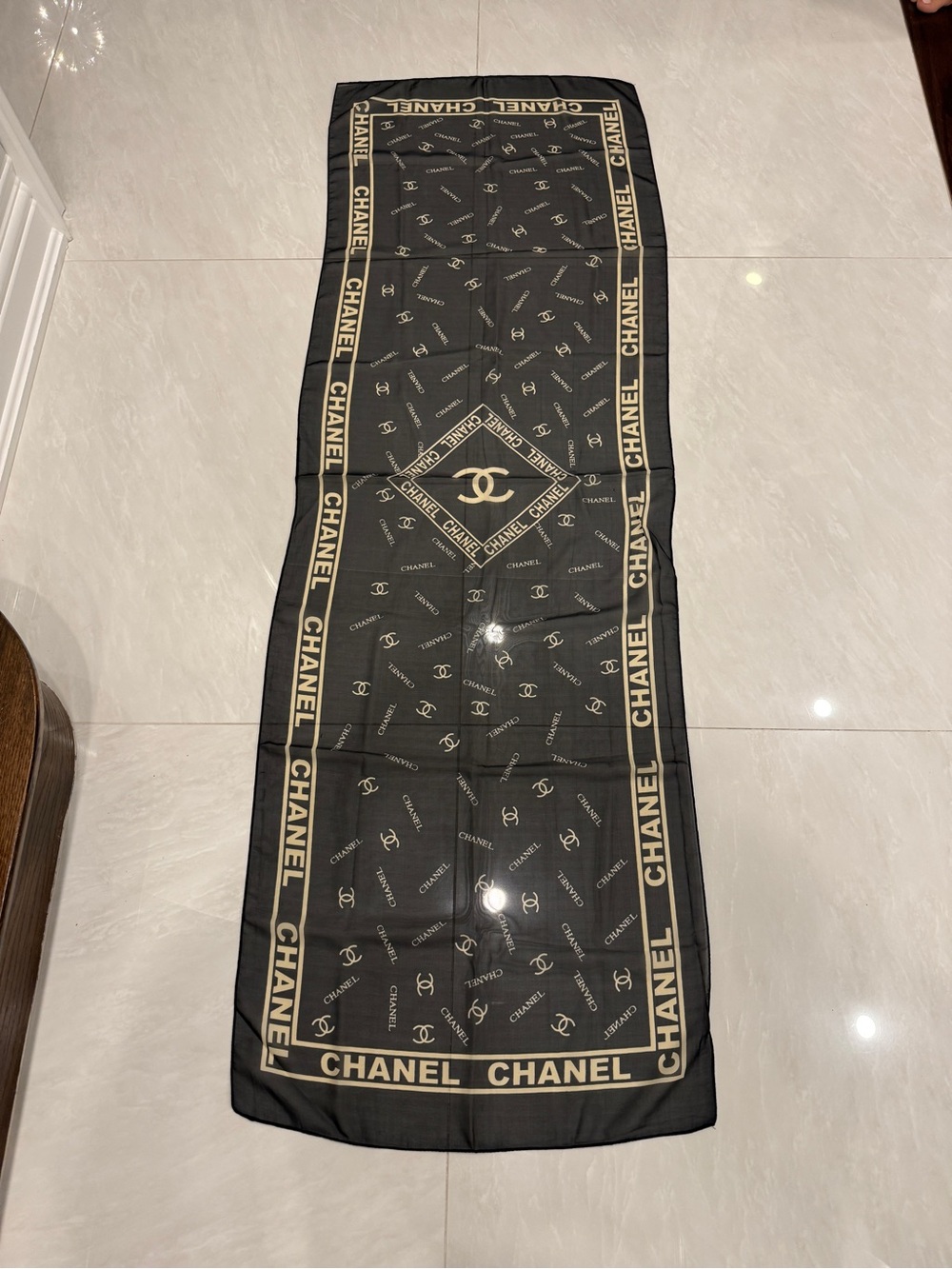 Vintage CHANEL Black and Beige CC Motif Silk Scarf